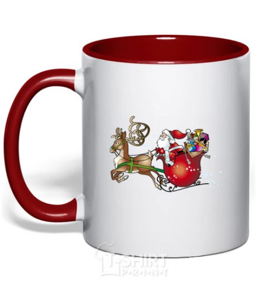 Mug with a colored handle Santa on a sleigh red фото