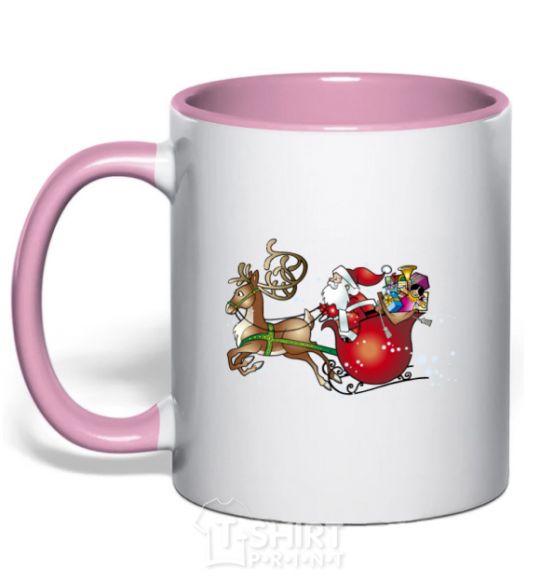 Mug with a colored handle Santa on a sleigh light-pink фото