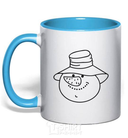 Mug with a colored handle SNOWMAN IN HAT sky-blue фото