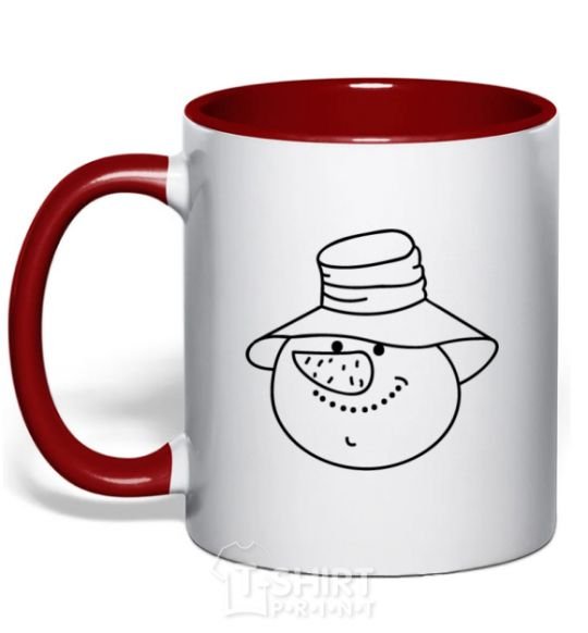 Mug with a colored handle SNOWMAN IN HAT red фото