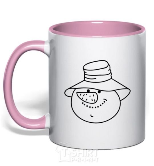 Mug with a colored handle SNOWMAN IN HAT light-pink фото