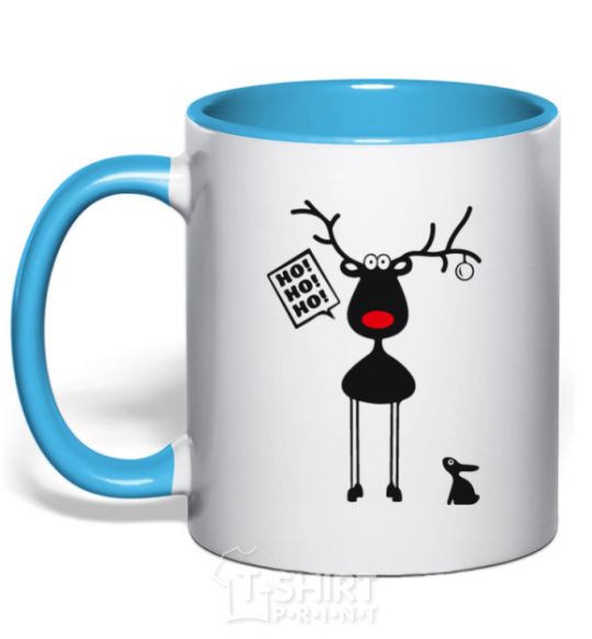 Mug with a colored handle A moose and a hare sky-blue фото