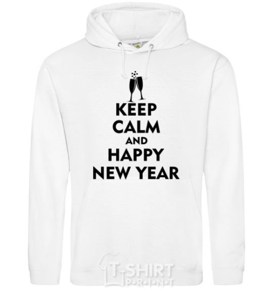 Men`s hoodie Keep calm and happy New Year glasses White фото