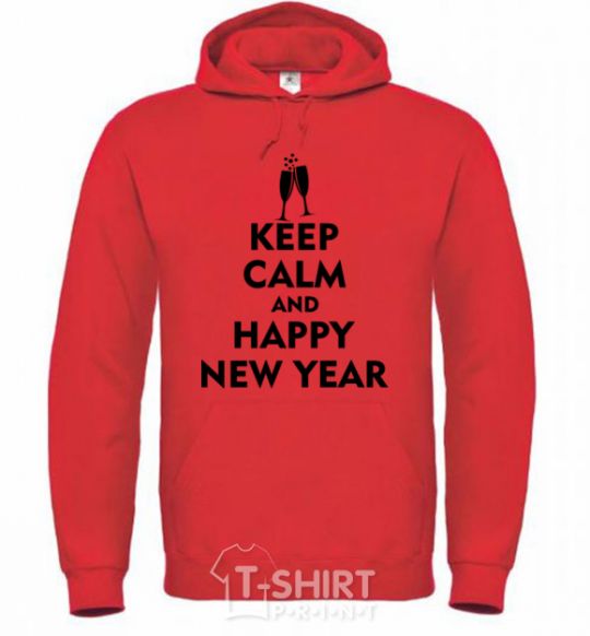 Men`s hoodie Keep calm and happy New Year glasses bright-red фото
