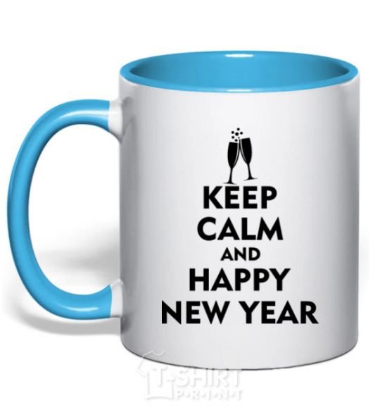 Чашка с цветной ручкой Keep calm and happy New Year glasses Голубой фото