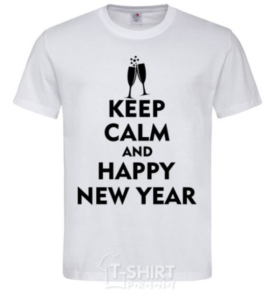 Men's T-Shirt Keep calm and happy New Year glasses White фото