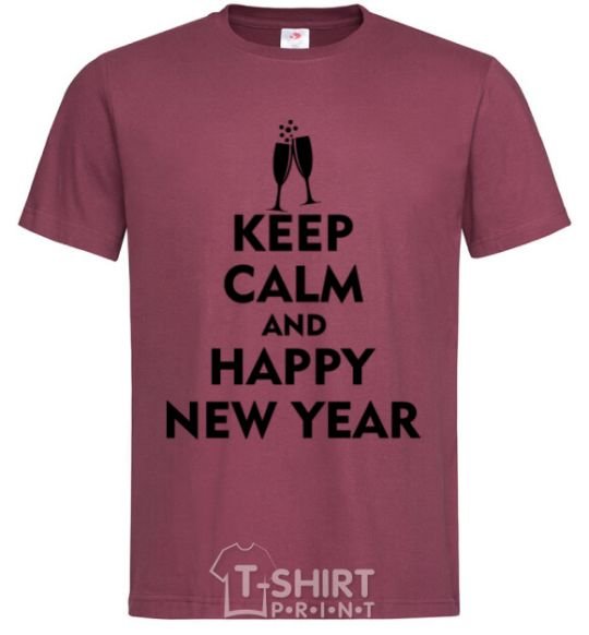 Men's T-Shirt Keep calm and happy New Year glasses burgundy фото