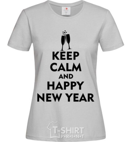 Women's T-shirt Keep calm and happy New Year glasses grey фото