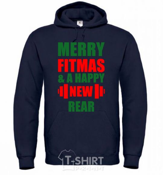 Men`s hoodie Merry Fitmas and a happy New rear navy-blue фото