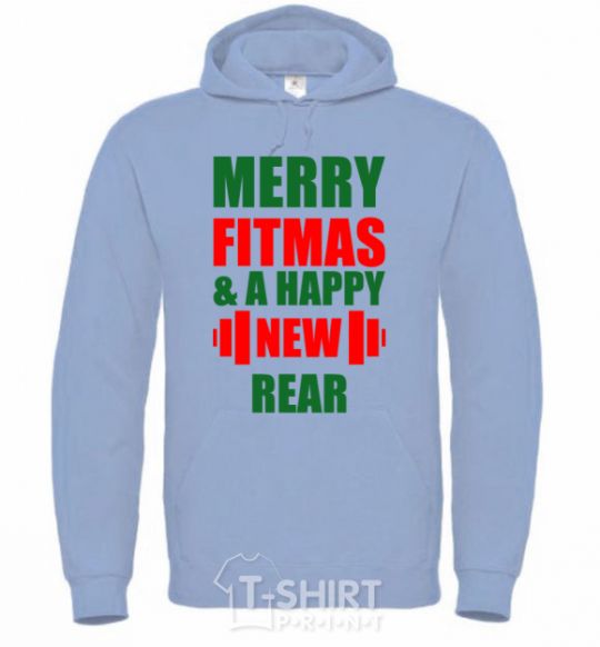 Men`s hoodie Merry Fitmas and a happy New rear sky-blue фото