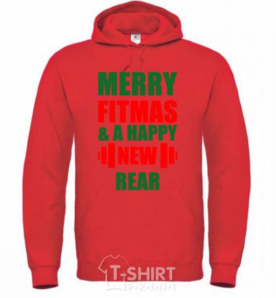 Мужская толстовка (худи) Merry Fitmas and a happy New rear Ярко-красный фото