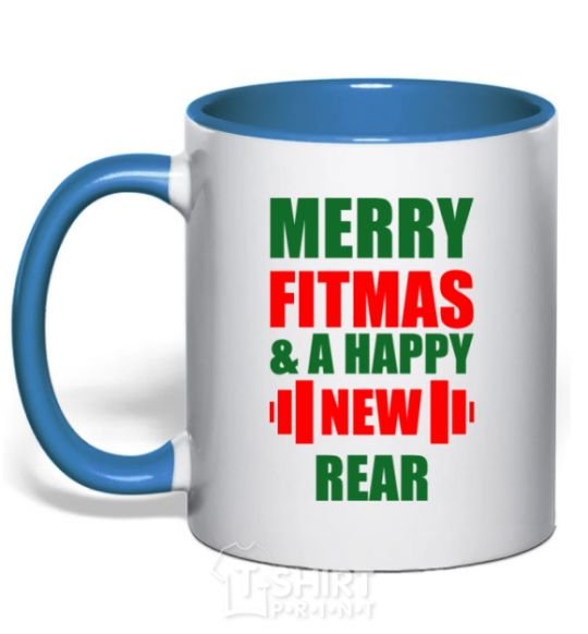 Mug with a colored handle Merry Fitmas and a happy New rear royal-blue фото