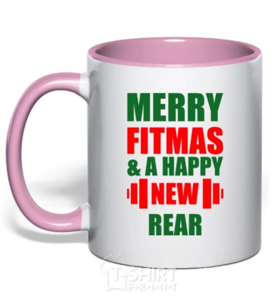 Чашка с цветной ручкой Merry Fitmas and a happy New rear Нежно розовый фото