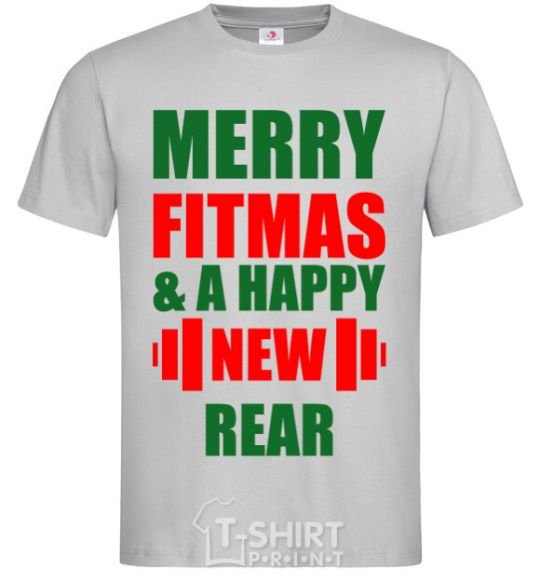 Men's T-Shirt Merry Fitmas and a happy New rear grey фото