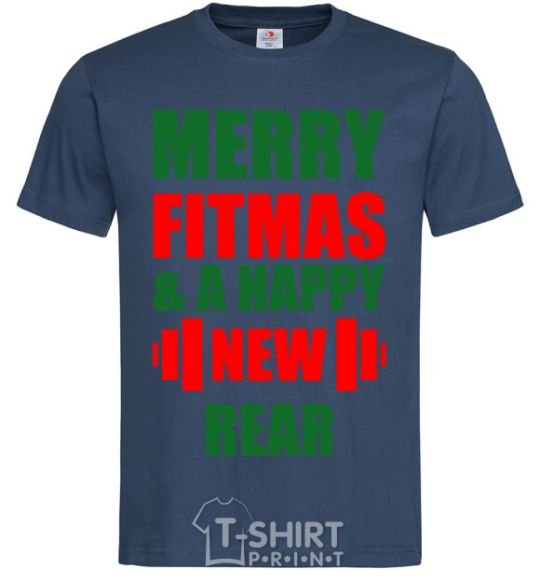 Men's T-Shirt Merry Fitmas and a happy New rear navy-blue фото