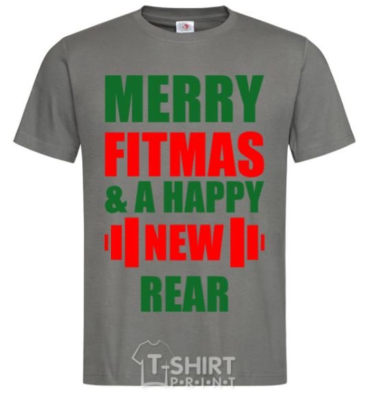 Men's T-Shirt Merry Fitmas and a happy New rear dark-grey фото