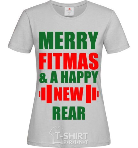 Women's T-shirt Merry Fitmas and a happy New rear grey фото