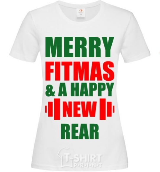 Женская футболка Merry Fitmas and a happy New rear Белый фото