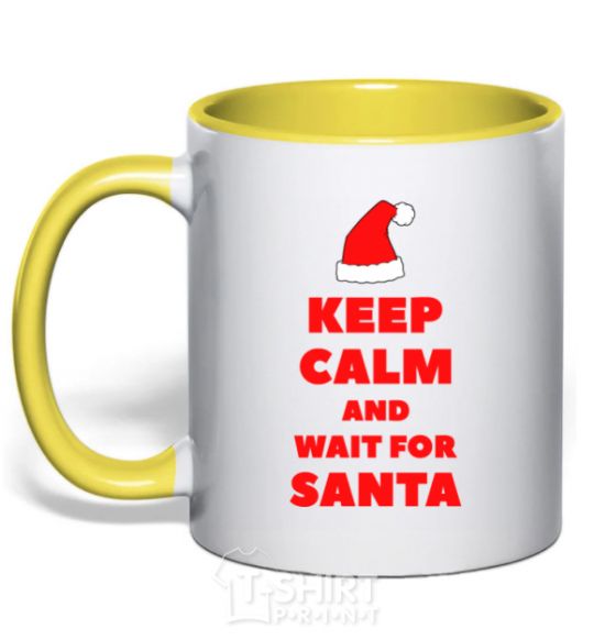 Mug with a colored handle Keep calm and wait for Santa yellow фото