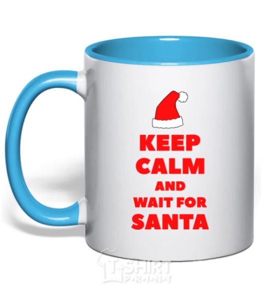 Mug with a colored handle Keep calm and wait for Santa sky-blue фото