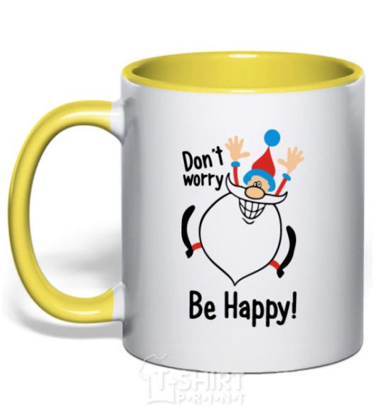 Mug with a colored handle Don't worry be happy yellow фото