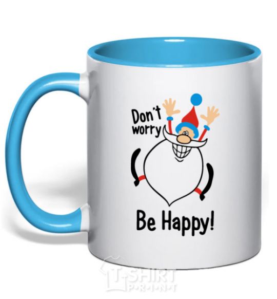 Mug with a colored handle Don't worry be happy sky-blue фото