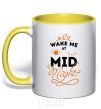 Mug with a colored handle Wake me at the midnight yellow фото