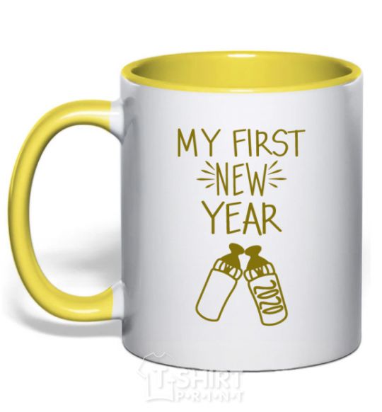 Mug with a colored handle My first New Year with bottle yellow фото