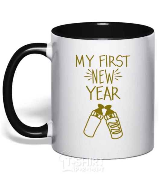 Mug with a colored handle My first New Year with bottle black фото