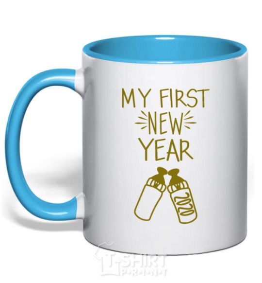 Mug with a colored handle My first New Year with bottle sky-blue фото