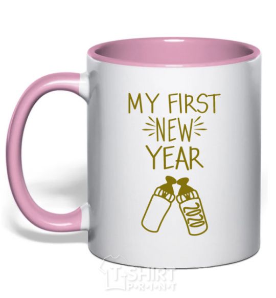 Mug with a colored handle My first New Year with bottle light-pink фото