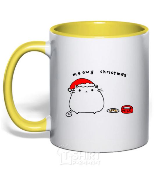 Mug with a colored handle Meowy Christmas yellow фото