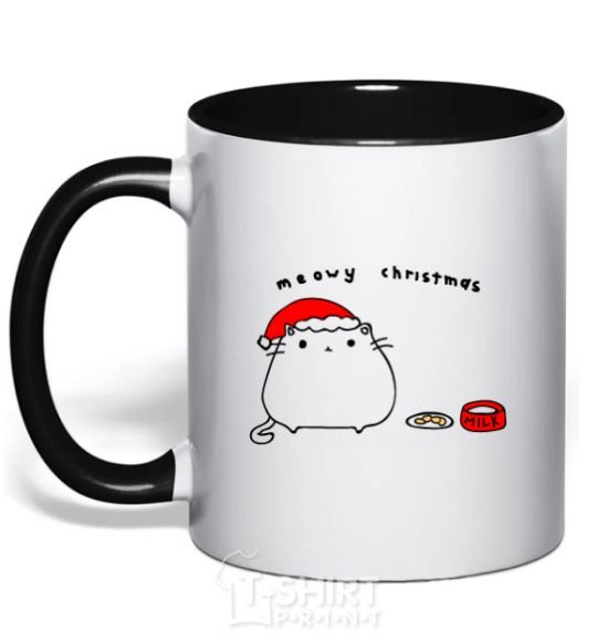 Mug with a colored handle Meowy Christmas black фото