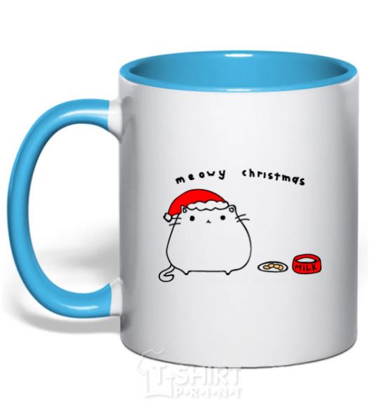 Mug with a colored handle Meowy Christmas sky-blue фото