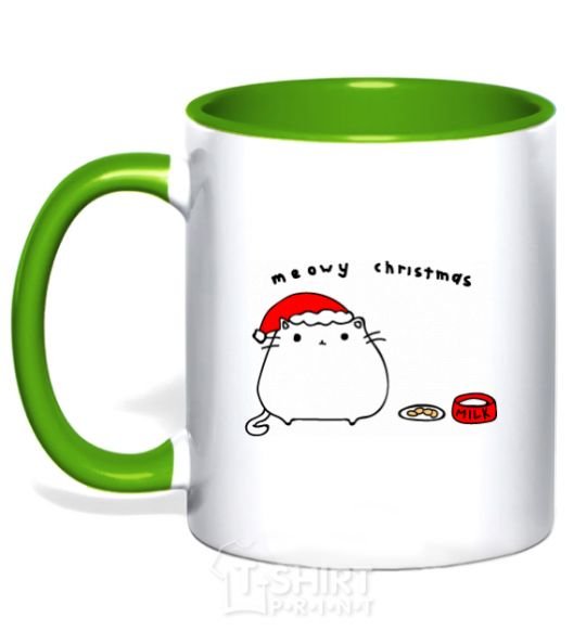 Mug with a colored handle Meowy Christmas kelly-green фото