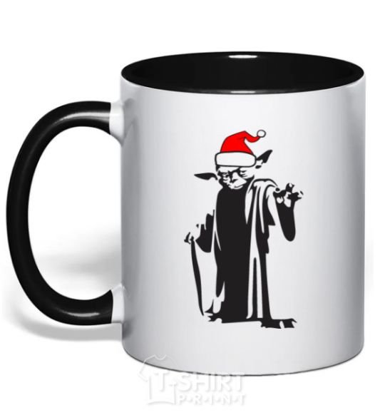 Mug with a colored handle Christmas Yoda black фото