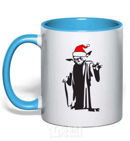 Mug with a colored handle Christmas Yoda sky-blue фото