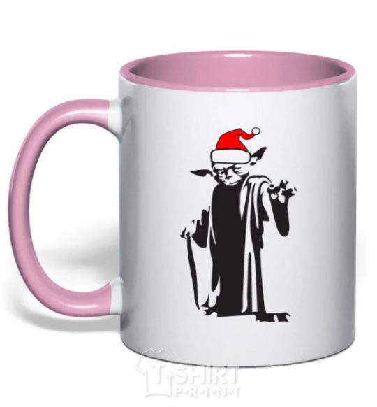 Mug with a colored handle Christmas Yoda light-pink фото