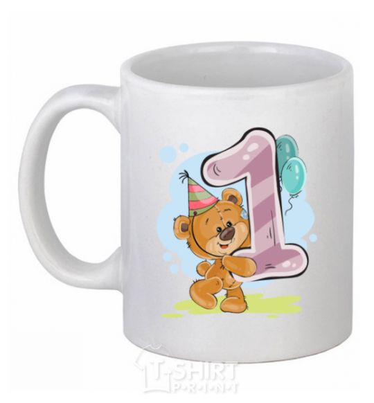 Ceramic mug 1 year old teddy bear White фото