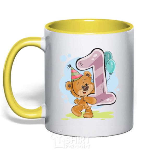 Mug with a colored handle 1 year old teddy bear yellow фото