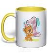 Mug with a colored handle 1 year old teddy bear yellow фото