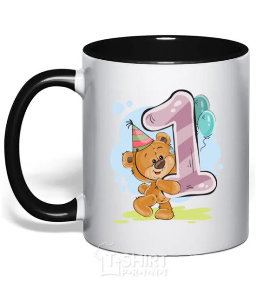 Mug with a colored handle 1 year old teddy bear black фото