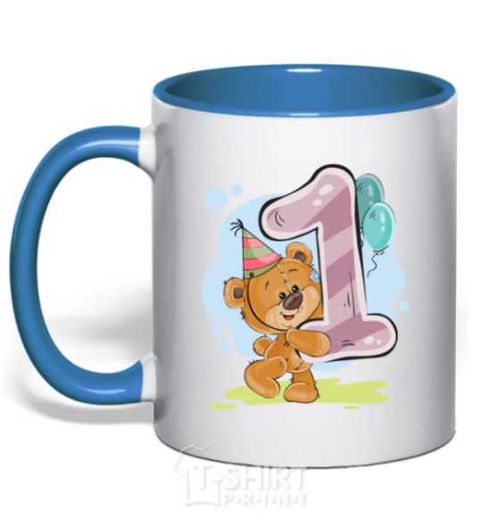 Mug with a colored handle 1 year old teddy bear royal-blue фото