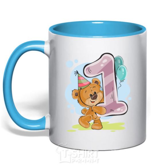 Mug with a colored handle 1 year old teddy bear sky-blue фото