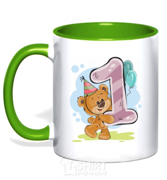 Mug with a colored handle 1 year old teddy bear kelly-green фото