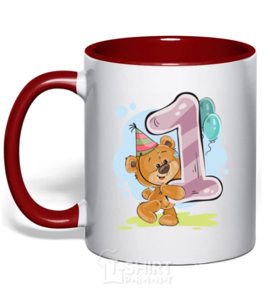 Mug with a colored handle 1 year old teddy bear red фото