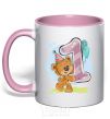 Mug with a colored handle 1 year old teddy bear light-pink фото