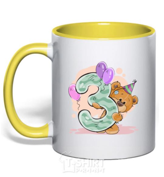 Mug with a colored handle 3 year old teddy bear yellow фото
