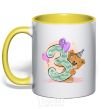 Mug with a colored handle 3 year old teddy bear yellow фото