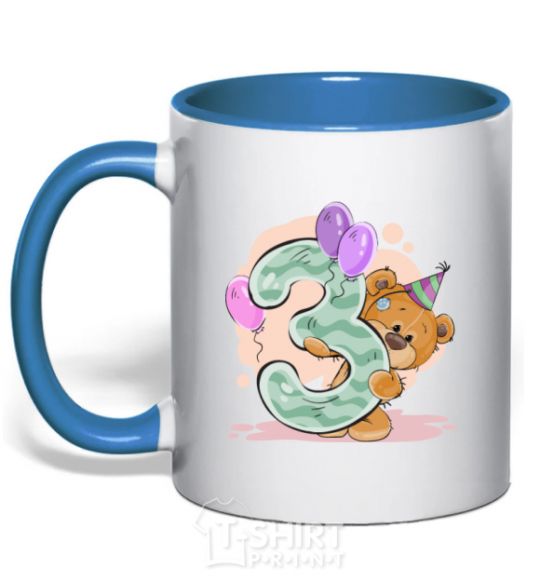 Mug with a colored handle 3 year old teddy bear royal-blue фото